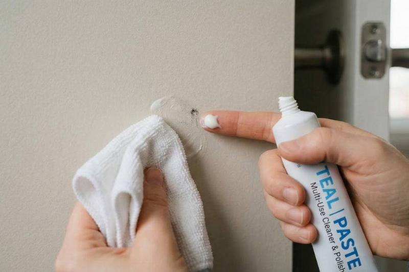 A person putting toothpaste on their finger and using it to clean a scuffed wall. 