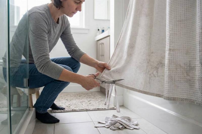 обрезать занавеску для душа Человек подрезает ножницами нижнюю часть занавески для душа.