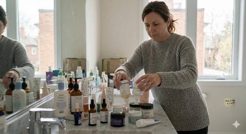 Woman turning bathroom products upside down. 