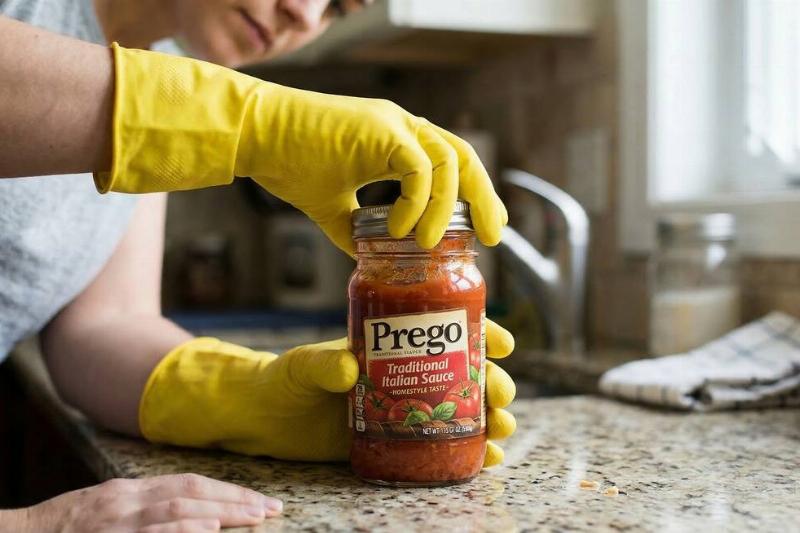 A person wearing rubber gloves and unscrewing the lid on a pasta sauce jar. 
