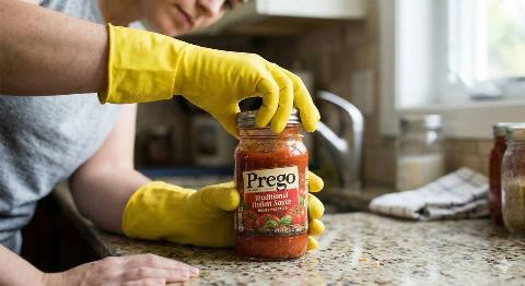 A person wearing rubber gloves and unscrewing the lid on a pasta sauce jar. 