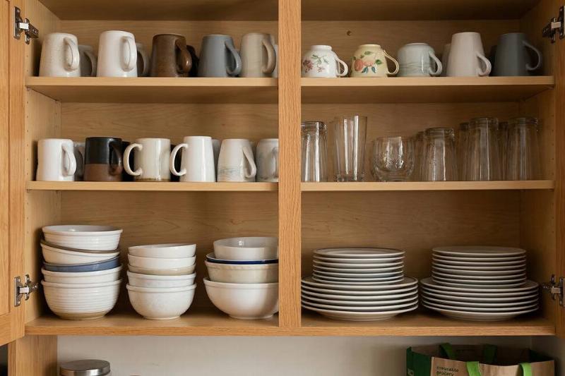 Mugs turned upside down in a cabinet. 