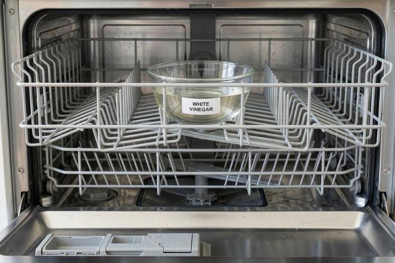 White vinegar in a clear bowl on the top shelf of an empty dishwasher. 