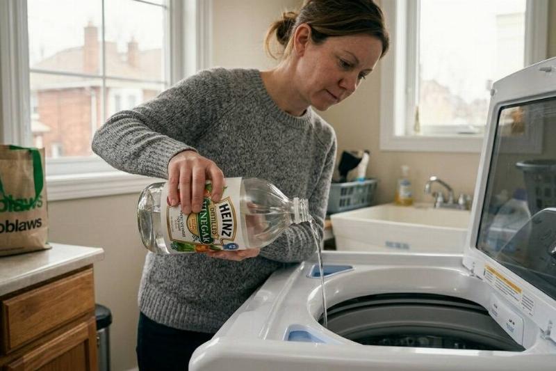 Woman pouring vinegar into her washing machine.