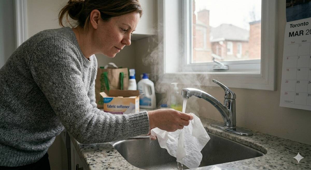 A woman running a dryer sheet under a tap to get it damp. 