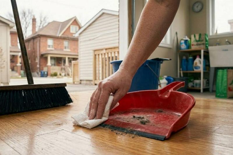 A person wiping the edge of a dustpan with a wet paper towel. 