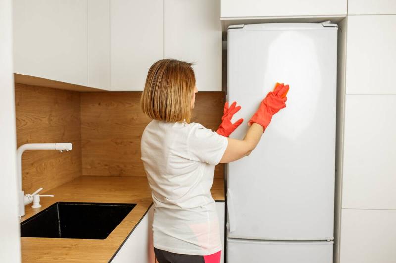 Woman wearing protective red gloves is cleaning the front of a white refrigerator