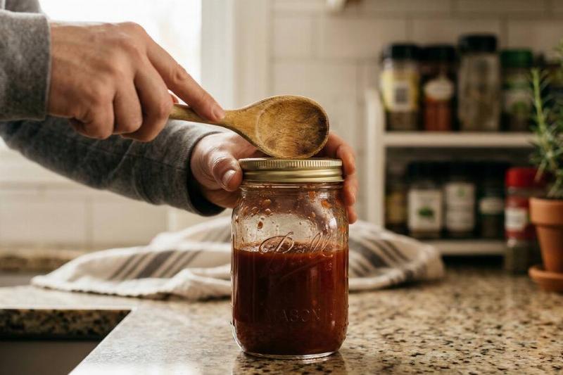 A person tapping the lid of a jar with a wooden spoon. 