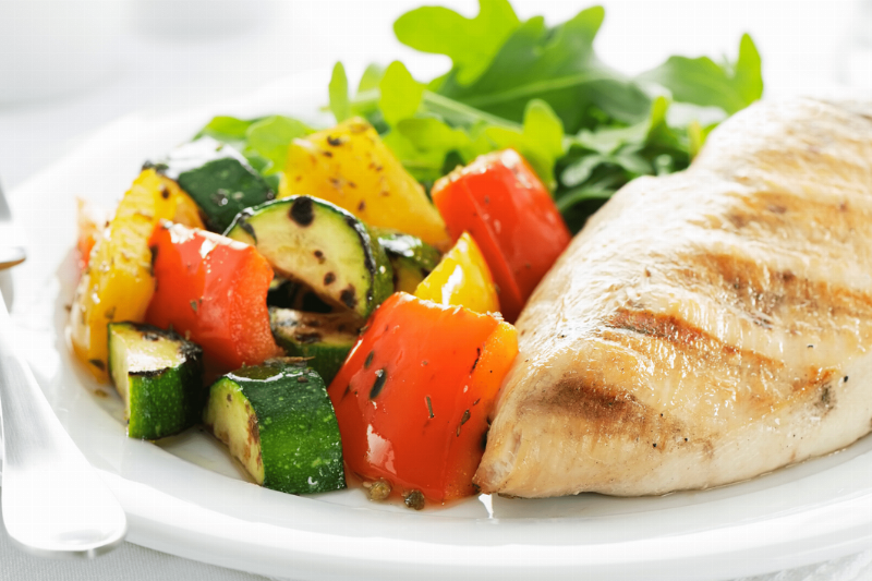 Vegetables, salad and chicken on a plate. 