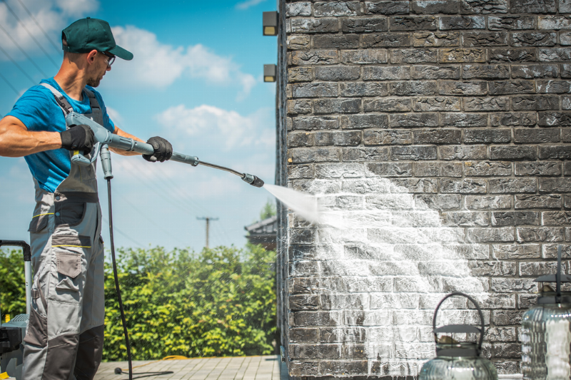 Pressure washing a brick house. 