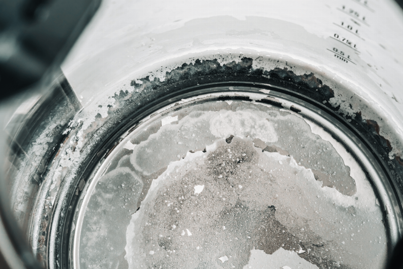 Scaling inside of a glass electric kettle. 
