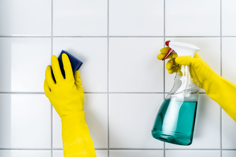 A person holding a spray bottle and sponge.