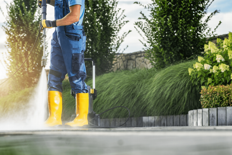 A person pressure washing near a garden. 