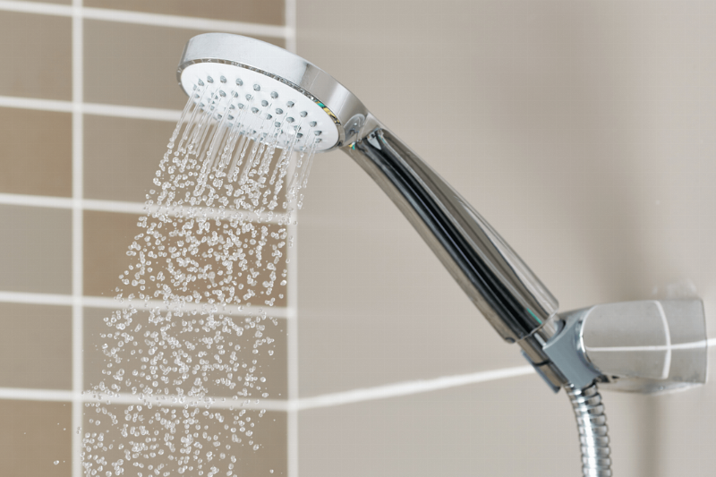 A showerhead with running water. 