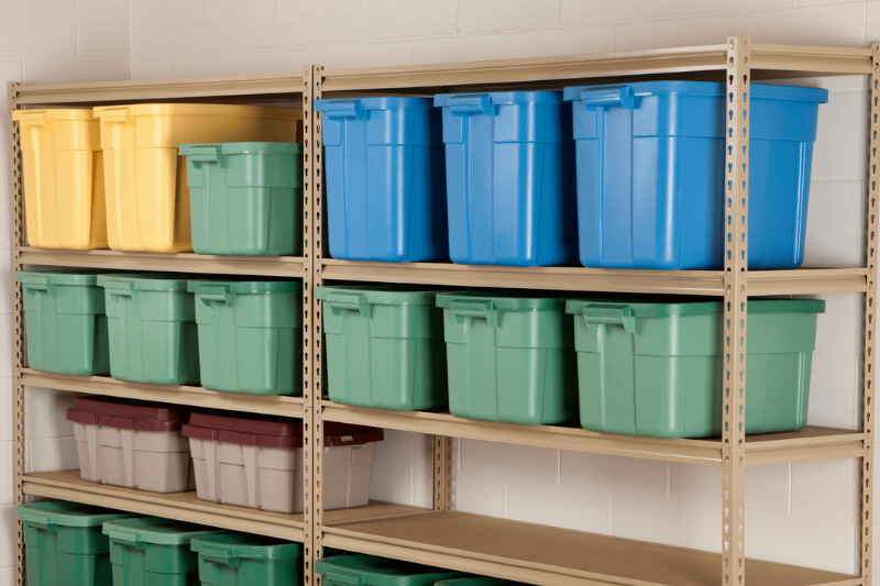 Green and blue plastic storage bins on a shelf.