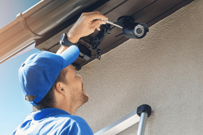 A man setting up a security camera.