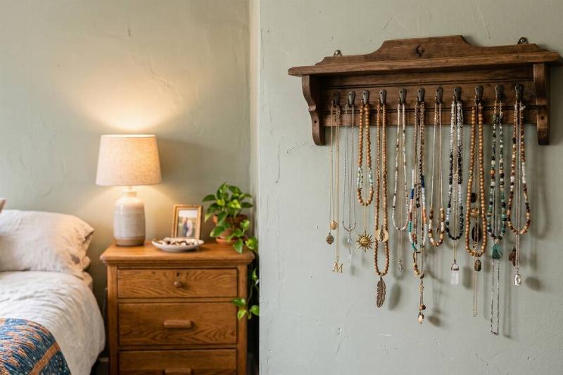 Necklaces hanging from a spoon rack. 