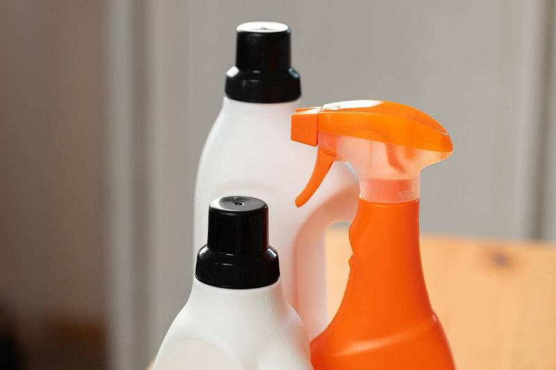 Cleaning product bottles. 