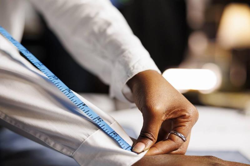 A man measuring the length of his forearm. 