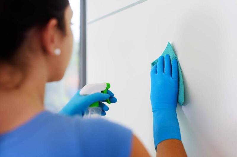 Woman cleaning wall with a spray bottle and cloth. 