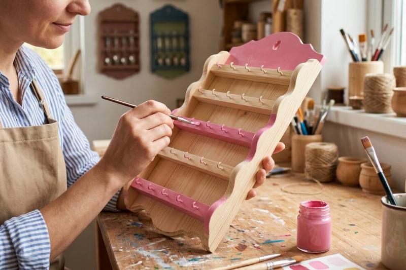 A person painting a wooden spoon rack pink. 