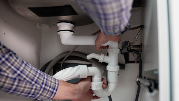 hands fixing pipes under the sink.
