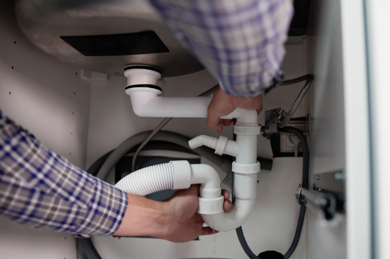 hands fixing pipes under the sink.