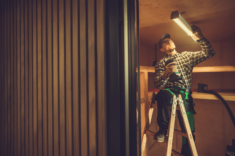 Person on ladder changing light fixture.