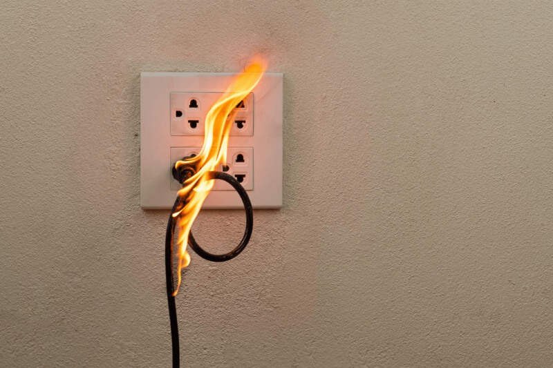 An electrical outlet on fire.