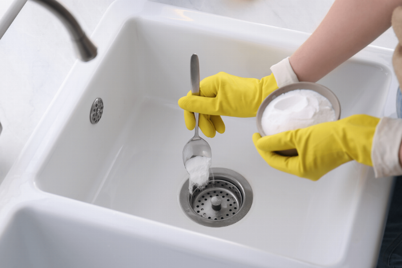 Putting baking soda down drain.