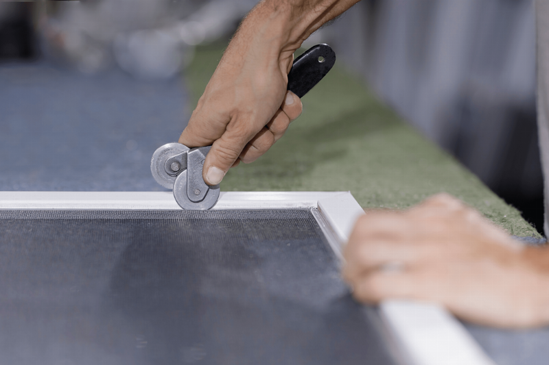 Pressing mesh into a screen window.