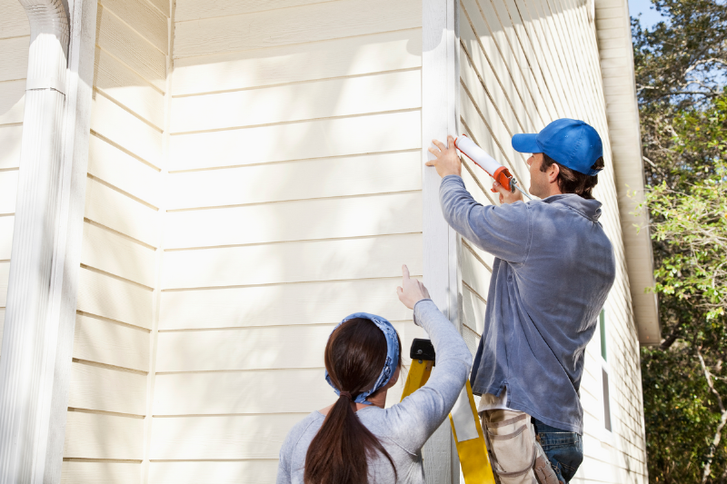 People repairing outside of a house.