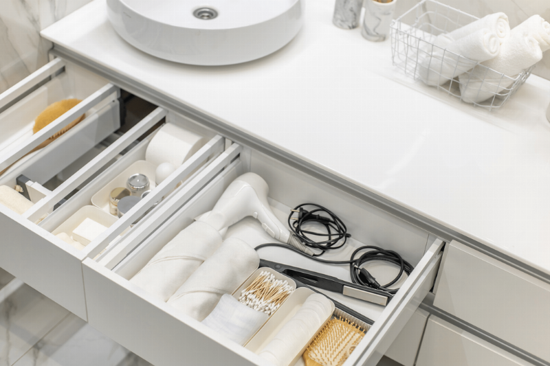 Sliding drawers in vanity.