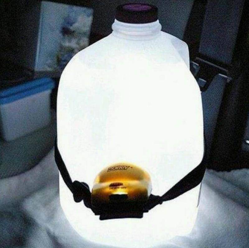 A headlamp on a water jug.