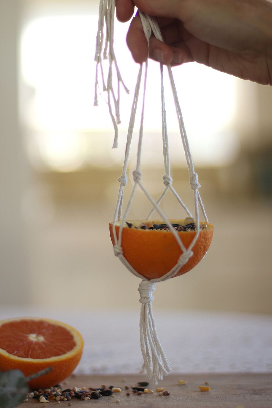 Easy to craft Macrame and Orange DIY Bird Feeder