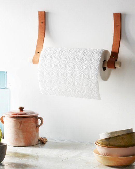 Paper towel holder from leather, wood / Kitchen roll holder