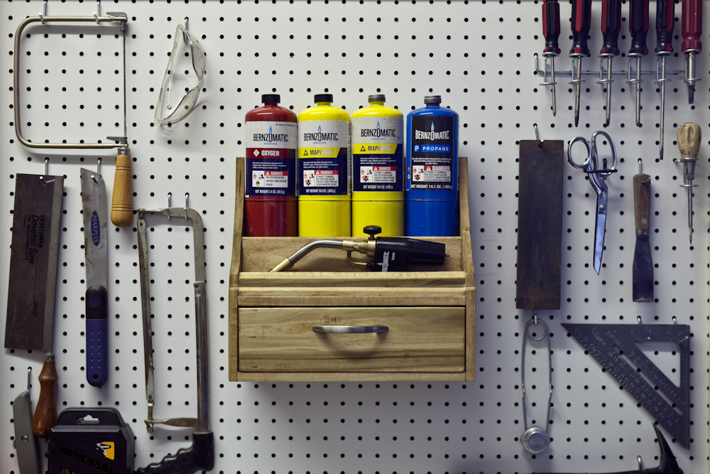 DIY pegboard organizer for Bernzomatic torch supplies