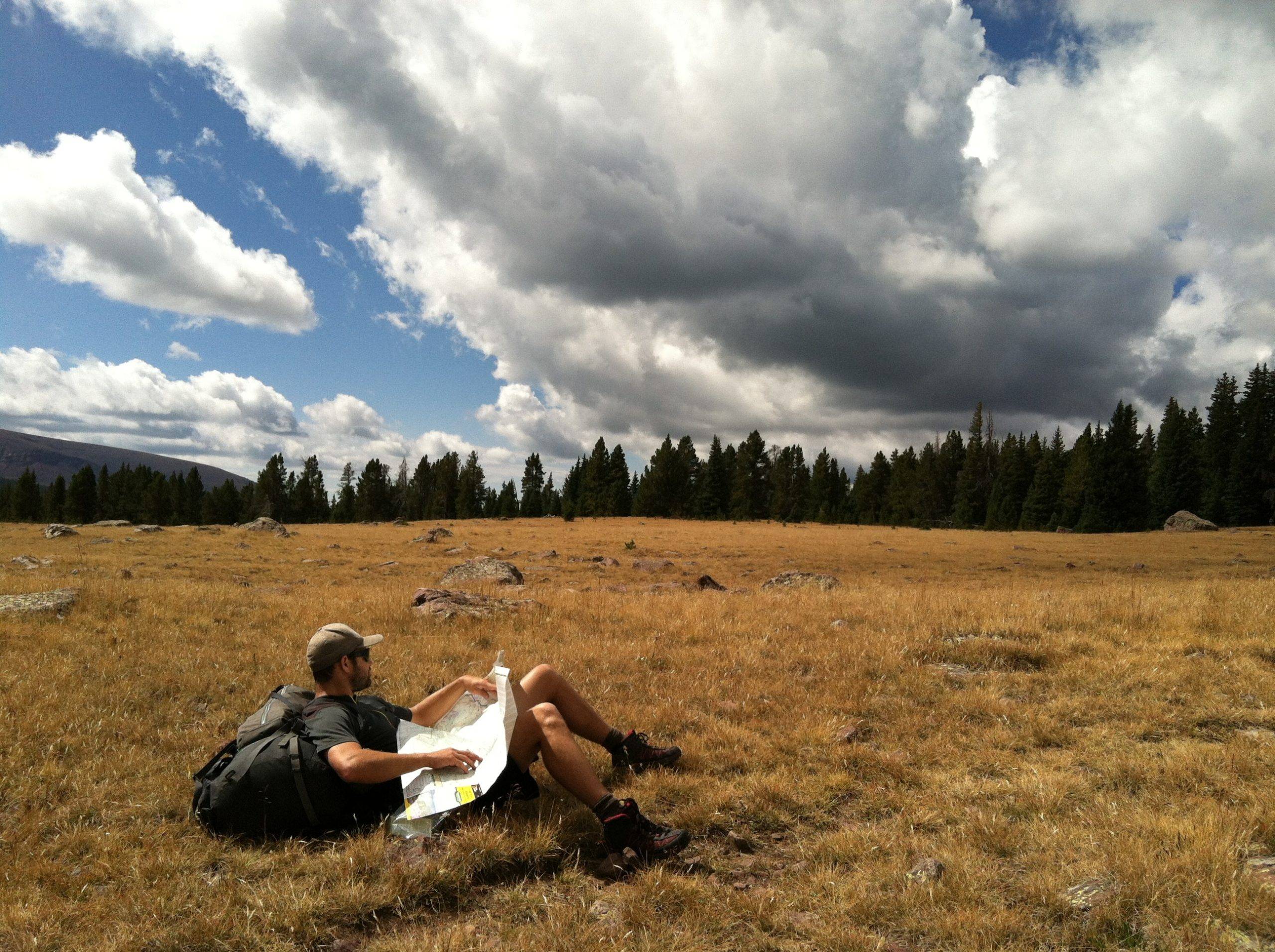 man seated on field reading map