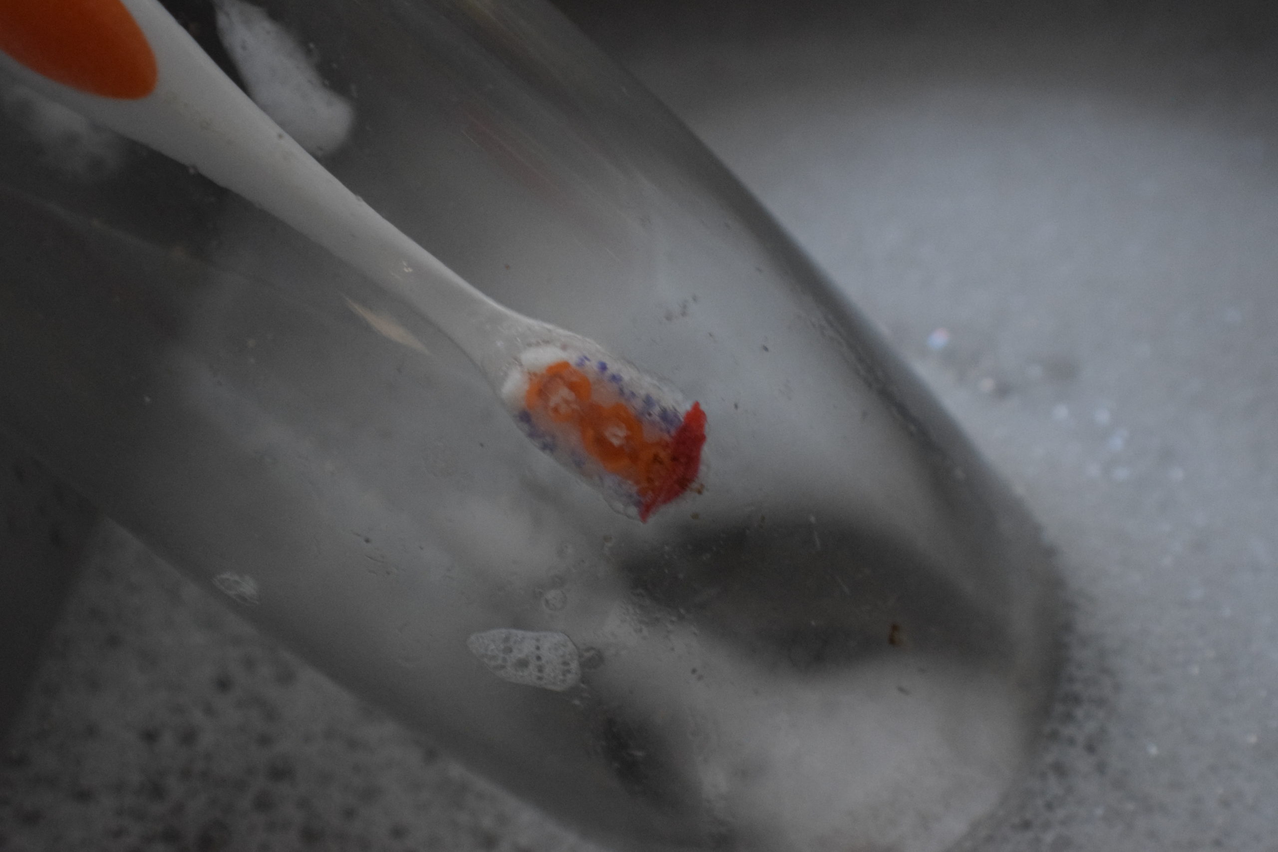 Orange toothbrush cleaning glass vase