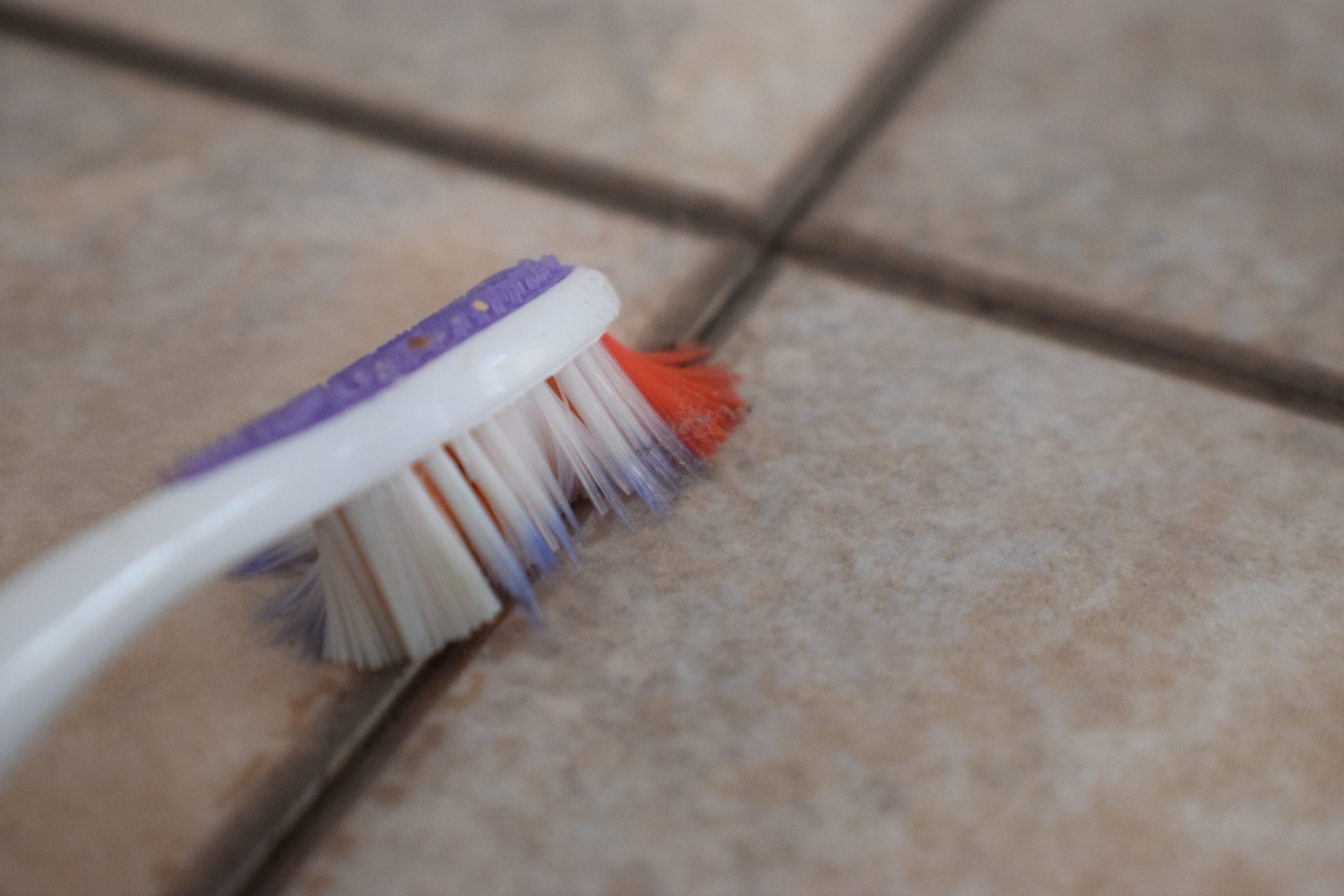 Purple, orange and white toothbrush scrubbing dirty tile grout