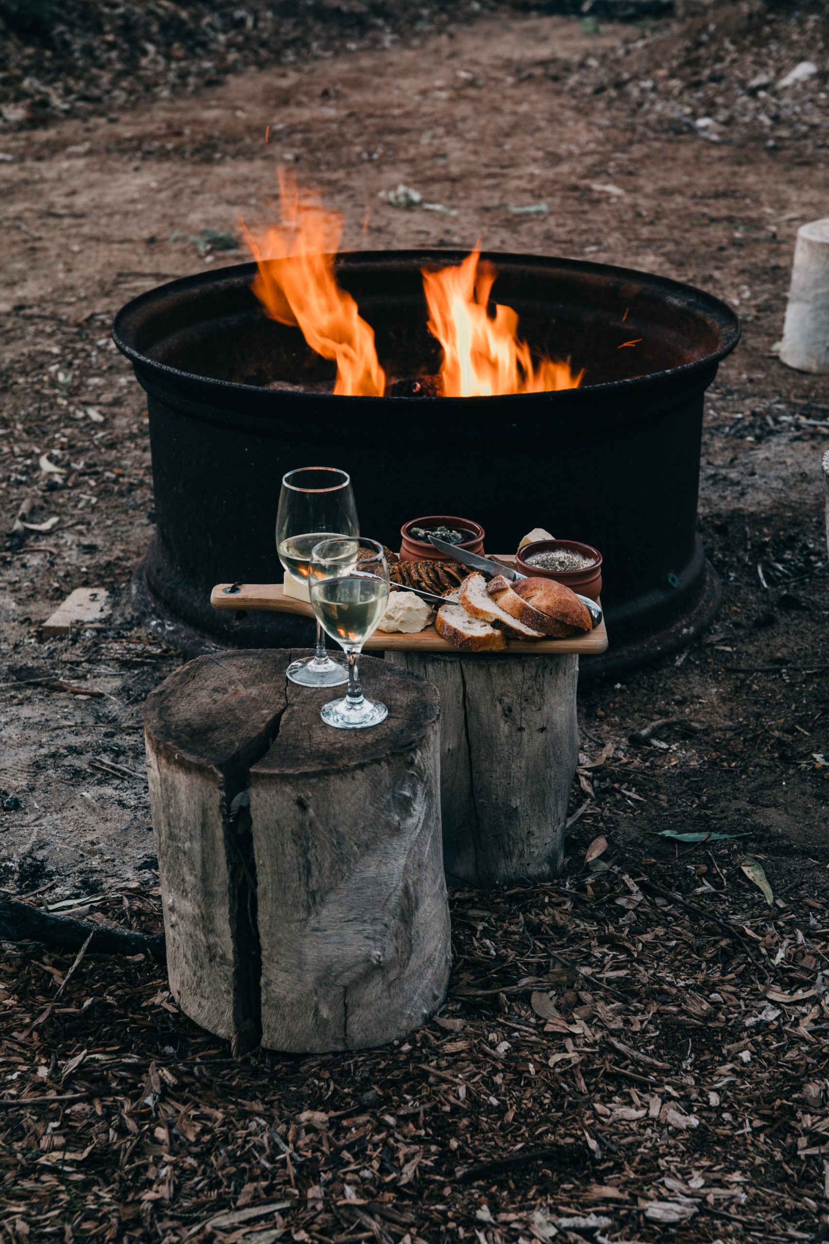 Charcuterie board with wine glasses on wood stump's by a campfire