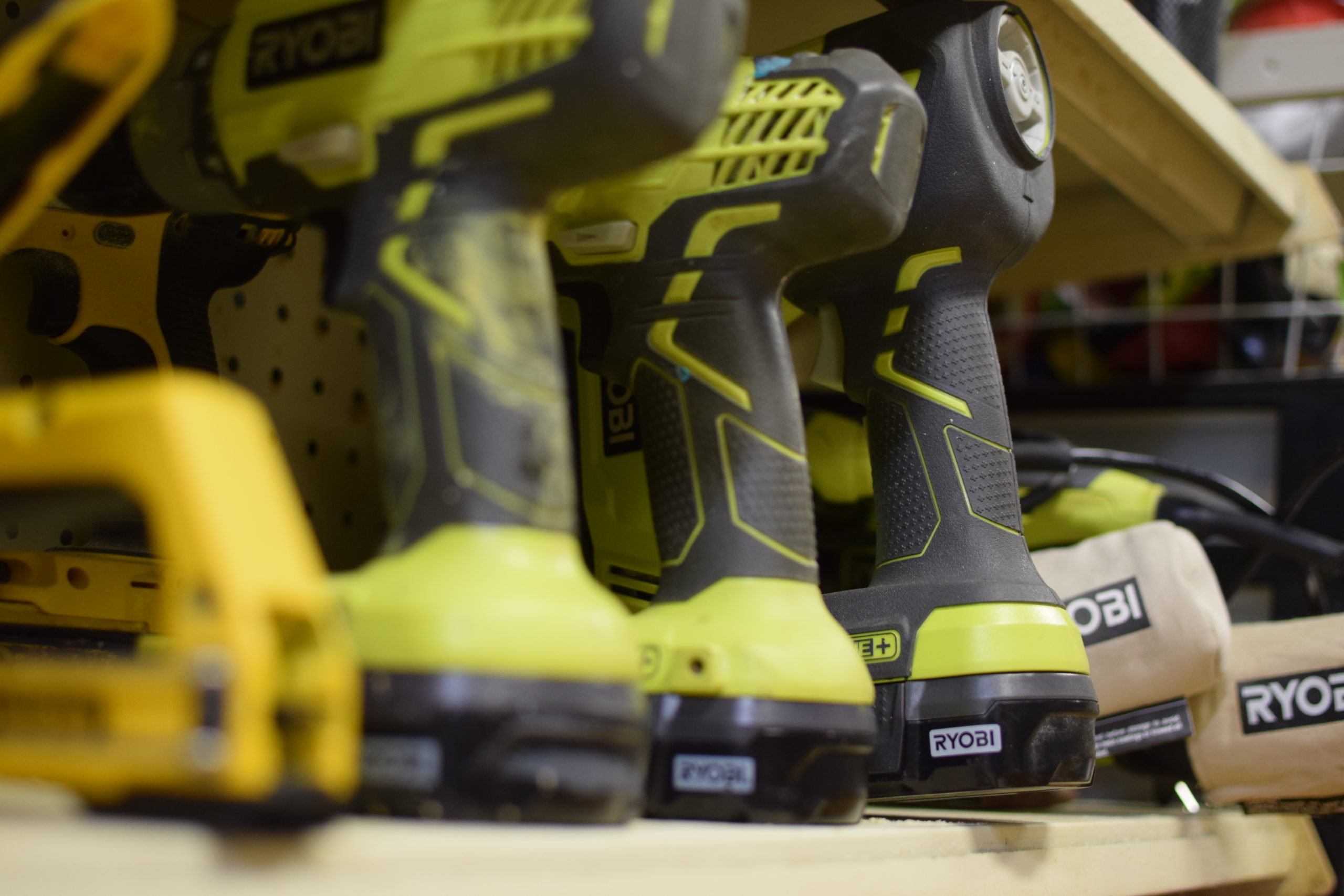 row of Ryobi power tools