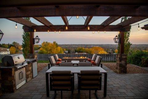 Light bulbs hanging from a pergola