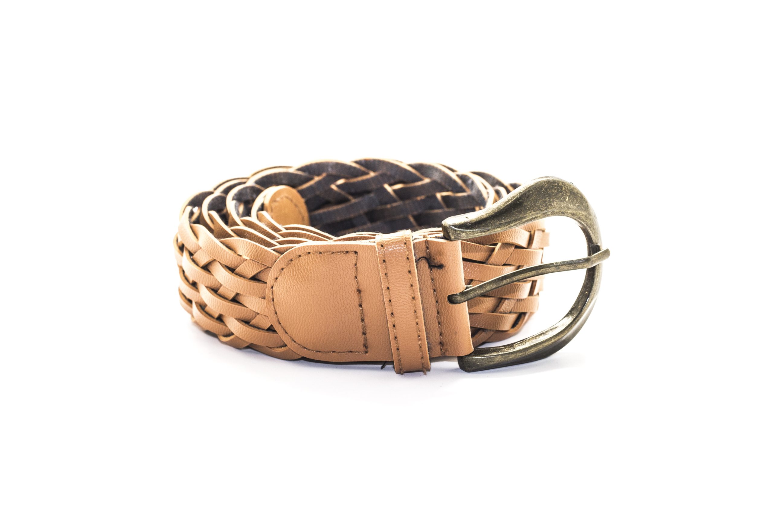 Brown braided leather belt in white background