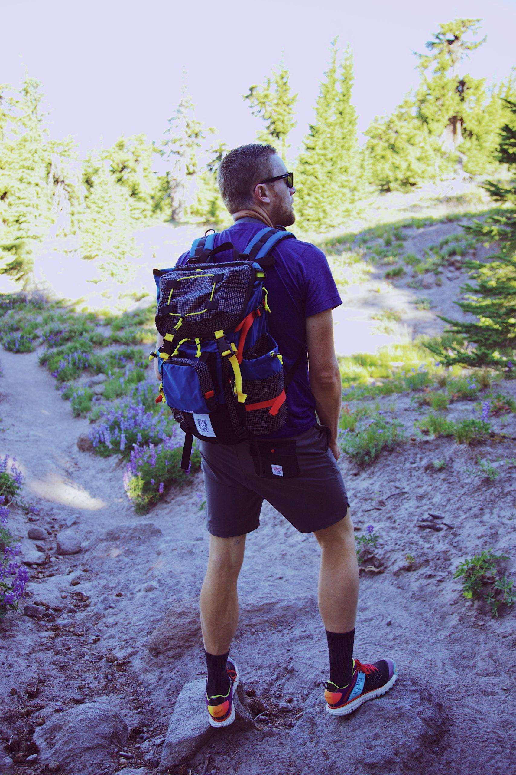 Man on shorts with backpack looking at trees