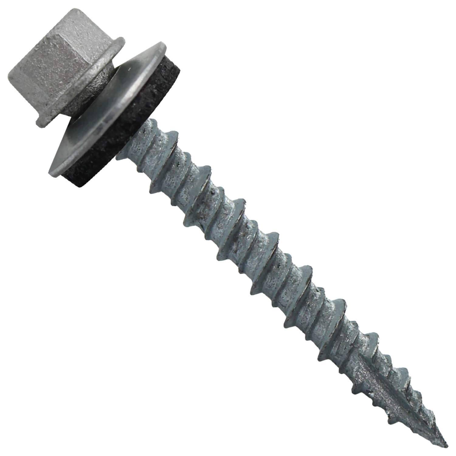 Product picture of self-taping metal roofing screw with rubber gasket.