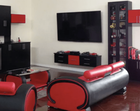 black and red themed man cave