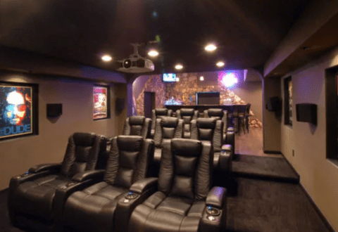 home theater with 9 leather seats