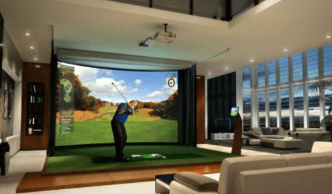 man cave with virtual golf course