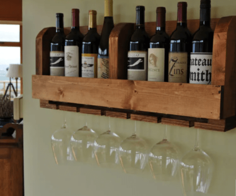 wooden wine bottle and wine glass holder